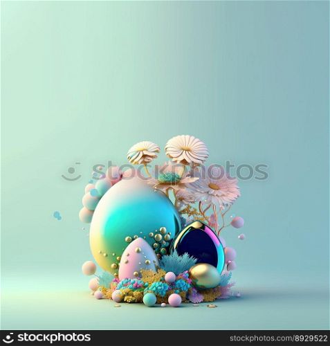 Happy Easter Celebration Greeting Card with Copy Space In Shiny 3D Eggs and Flower Ornaments