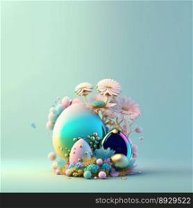 Happy Easter Celebration Greeting Card with Copy Space In Shiny 3D Eggs and Flower Ornaments
