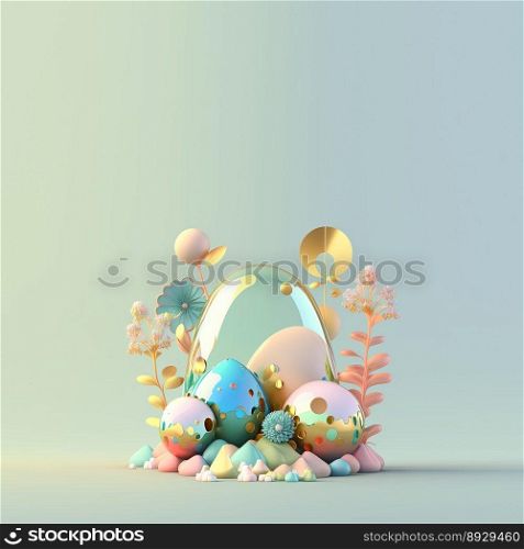 Happy Easter Celebration Greeting Card with Glosy 3D Eggs and Flower Ornaments