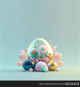 Happy Easter Celebration Greeting Card with Shiny 3D Eggs and Flower Ornaments