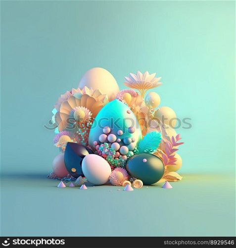 Happy Easter Celebration Greeting Card with Shiny 3D Eggs and Flowers