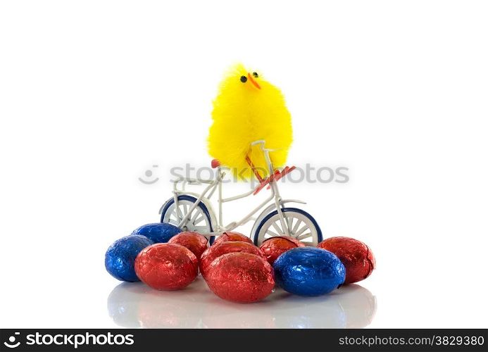 happy easter chicken on bicycle isolated on white