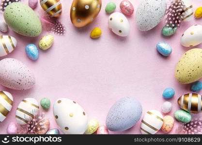 Happy Easter concept. Flat lay Easter eggs on  pink concrete background. Top view with copy space.