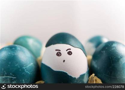 Happy easter, cute boy organic easter eggs, painting face on egg, easter holiday decorations, easter concept backgrounds with copy space