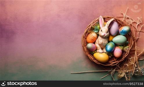 Happy Easter Day background and backdrop, cute bunny rabbit, ornament, and colorful egg, copy space greeting and backdrop, banner, rustic vintage design material. Celebrate Easter.