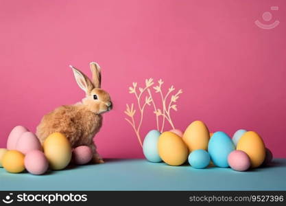 Happy Easter Day background and backdrop, cute bunny rabbit, ornament, and colorful egg, copy space greeting and backdrop, banner, rustic vintage design material. Celebrate Easter.