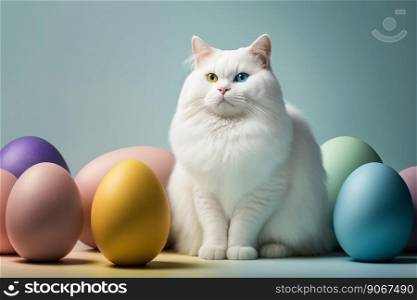 Happy easter day background with white cat. Ai generated.