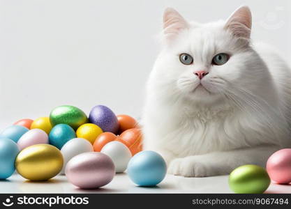 Happy easter day background with white cat. Ai generated.