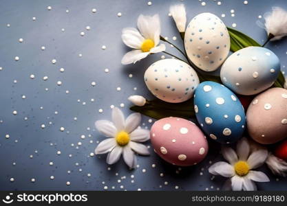 Happy easter day celebration concept, Colorful Easter eggs and flowers background , Generate Ai