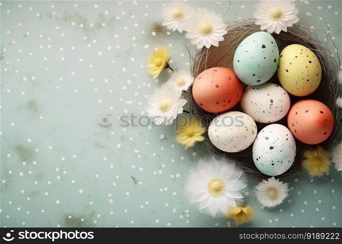 Happy easter day celebration concept, Colorful Easter eggs and flowers background , Generate Ai