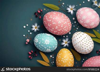 Happy easter day celebration concept, Colorful Easter eggs and flowers background , Generate Ai