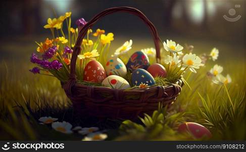 Happy Easter Day Concept. Easter eggs in basket on green grass garden and sunny spring, template banner for website, AI Generative