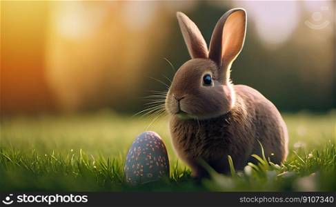 Happy Easter Day Concept. Rabbit bunny and easter egg on green grass garden and sunny spring, template banner for website, AI Generative