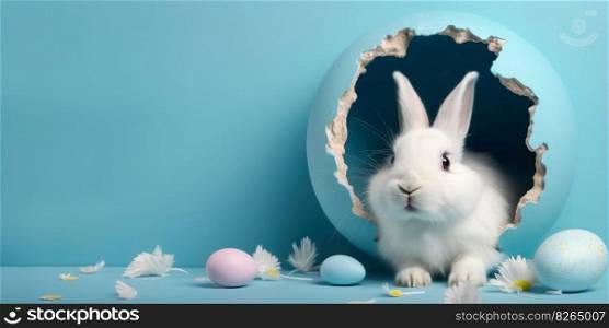 Happy Easter Day Concept , Rabbit peeking out of a hole in paper wall , Generate Ai