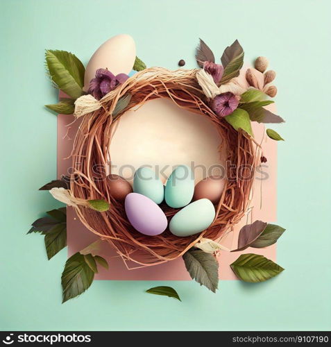 Happy Easter Day Concept. Top view easter eggs isolated on white background with copy space for text, template header for website, AI Generative