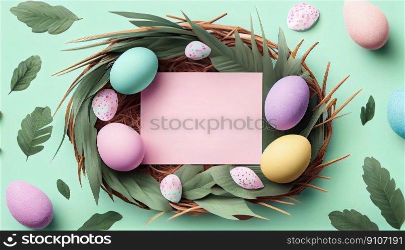 Happy Easter Day Concept. Top view easter eggs isolated on white background with copy space for text, template header for website, AI Generative