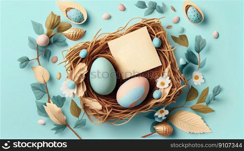 Happy Easter Day Concept. Top view easter eggs isolated on white background with copy space for text, template header for website, AI Generative