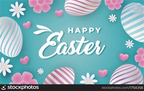 Happy easter day greeting card with colorful eggs and flowers. Vector stock