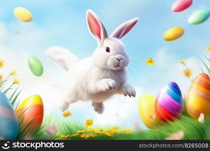 Happy Easter Day , Rabbit easter and beautiful painted easter eggs in pastel colors decoration , Generate Ai