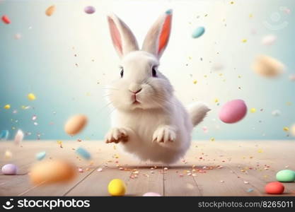 Happy Easter Day , Rabbit easter and beautiful painted easter eggs in pastel colors decoration , Generate Ai