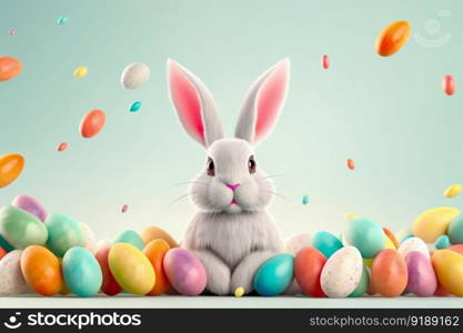 Happy Easter Day , Rabbit easter and beautiful painted easter eggs in pastel colors decoration , Generate Ai