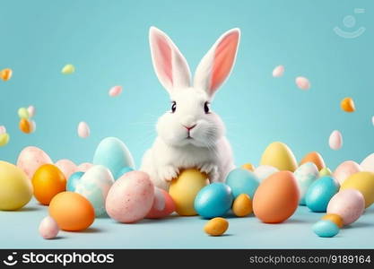 Happy Easter Day , Rabbit easter and beautiful painted easter eggs in pastel colors decoration , Generate Ai