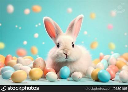 Happy Easter Day , Rabbit easter and beautiful painted easter eggs in pastel colors decoration , Generate Ai
