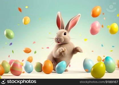 Happy Easter Day , Rabbit easter and beautiful painted easter eggs in pastel colors decoration , Generate Ai