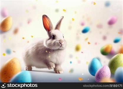 Happy Easter Day , Rabbit easter and beautiful painted easter eggs in pastel colors decoration , Generate Ai