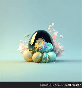 Happy Easter Festive Background with Glosy 3D Eggs and Flower Ornaments
