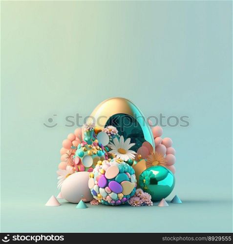 Happy Easter Festive Background with Glosy 3D Eggs and Flowers