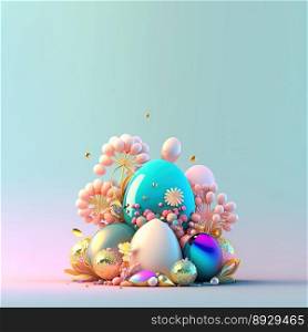 Happy Easter Festive Background with Shiny 3D Eggs and Flower Ornaments