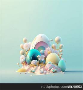 Happy Easter Festive Background with Shiny 3D Eggs and Flowers