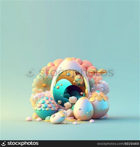 Happy Easter Festive Greeting Card with Glosy 3D Eggs and Flower Ornaments