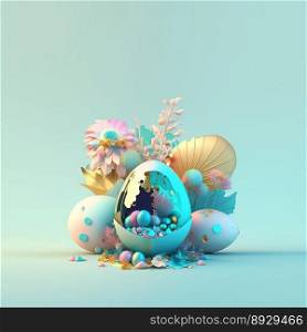 Happy Easter Festive Greeting Card with Shiny 3D Eggs and Flower Ornaments