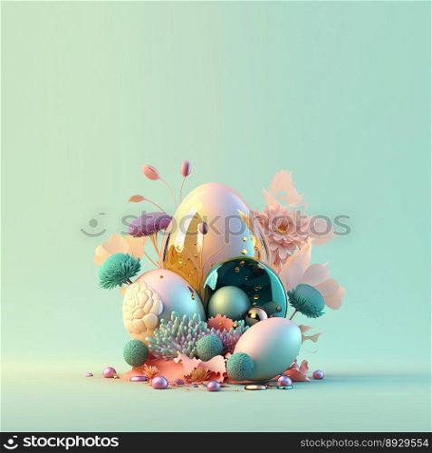 Happy Easter Festive Greeting Card with Shiny 3D Eggs and Flowers