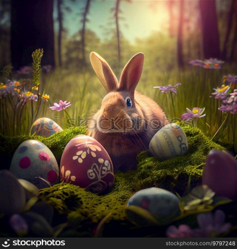 Happy Easter Greeting Background with Colorful Eggs and Bunny. Generative AI