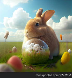 Happy Easter Greeting Background with Colorful Eggs and Bunny. Generative AI