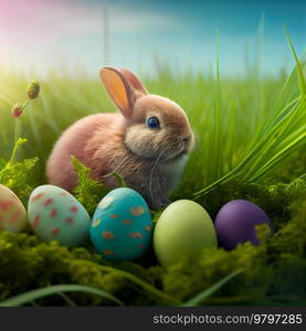 Happy Easter Greeting Background with Colorful Eggs and Bunny. Generative AI