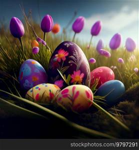 Happy Easter Greeting Background with Colorful Eggs. Generative AI