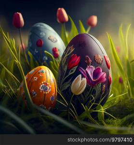 Happy Easter Greeting Background with Colorful Eggs. Generative AI