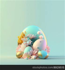 Happy Easter Greeting Card with Copy Space In Glosy 3D Eggs and Flower Ornaments