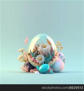 Happy Easter Greeting Card with Copy Space In Shiny 3D Eggs and Flower Ornaments