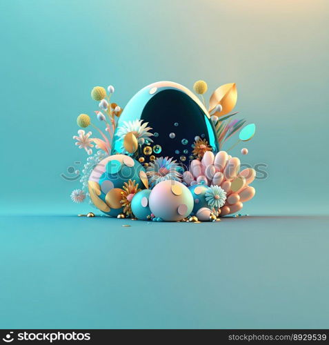 Happy Easter Greeting Card with Glosy 3D Eggs and Flowers