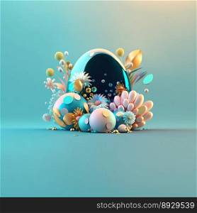 Happy Easter Greeting Card with Glosy 3D Eggs and Flowers