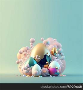 Happy Easter Greeting Card with Shiny 3D Eggs and Flower Ornaments