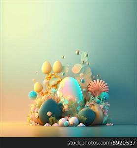 Happy Easter Greeting Card with Shiny 3D Eggs and Flowers