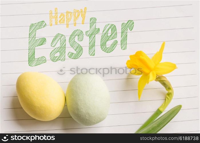 Happy easter greeting with easter eggs and daffodils in bright colors