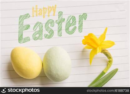 Happy easter greeting with easter eggs and daffodils in bright colors