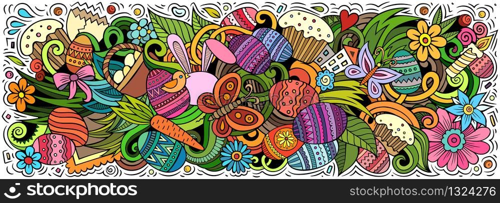 Happy Easter hand drawn cartoon doodles illustration. Holiday funny objects and elements poster design. Creative art background. Colorful vector banner. Happy Easter hand drawn cartoon doodles illustration.